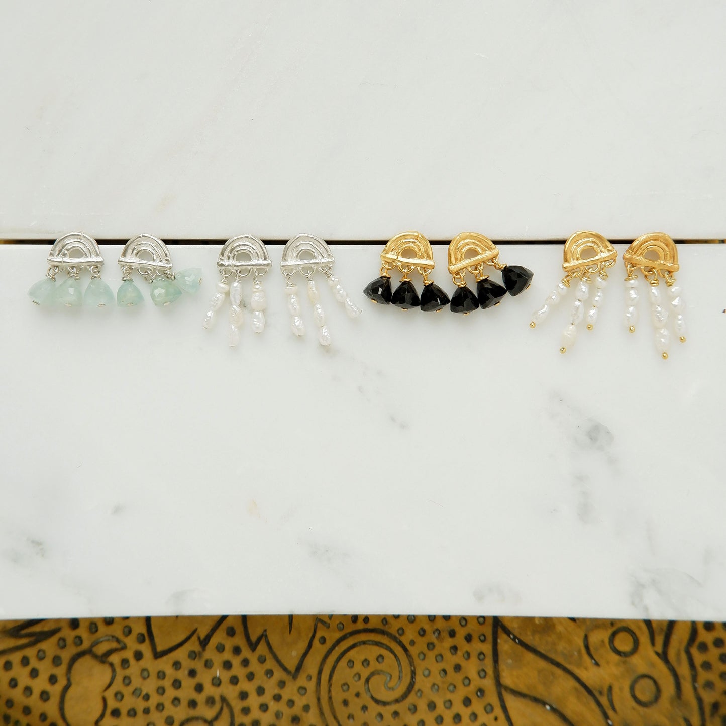small stud earrings in sterling silver &  Gold Vermeil, featuring a triple arch of bamboo, hung with Pyramid Trillion Beads in Black Onyx and Auamarine, and freshwater pearls.