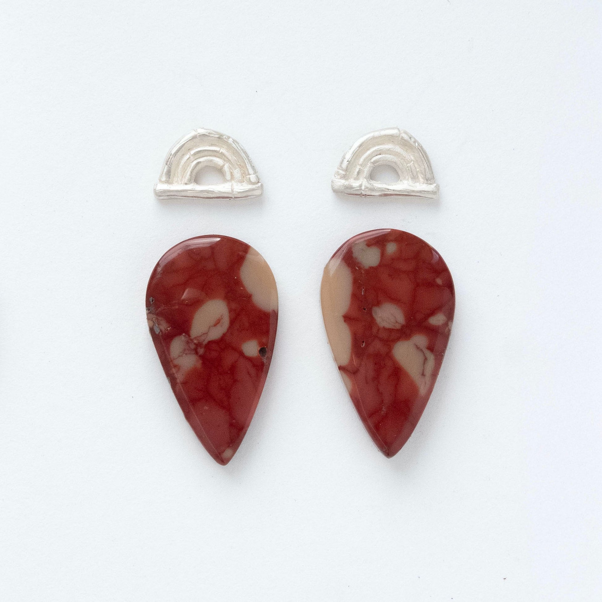 sterling silver triple bamboo arches earring tops, with long pointed pear/teardrop shaped  gemstone cabochons in marbled blood red Mookaite Jasper 