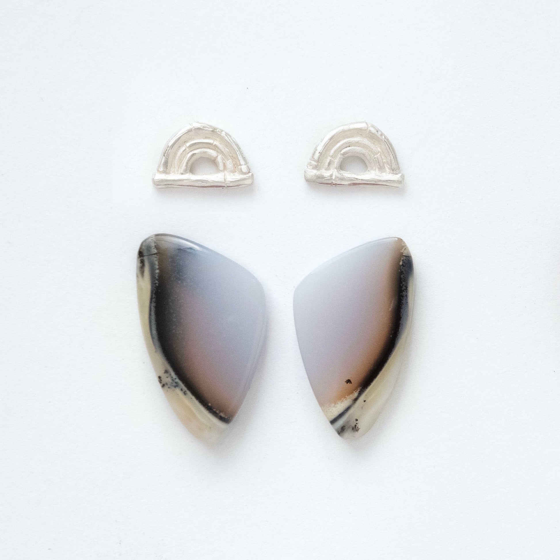sterling silver triple bamboo arches earring tops, with long pointed pear/teardrop shaped  gemstone cabochons in dendrite opal