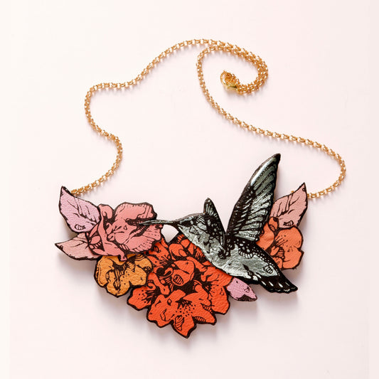 Hummingbird Necklace in collaged screen-pinted coloured leather, on gold plated chain.