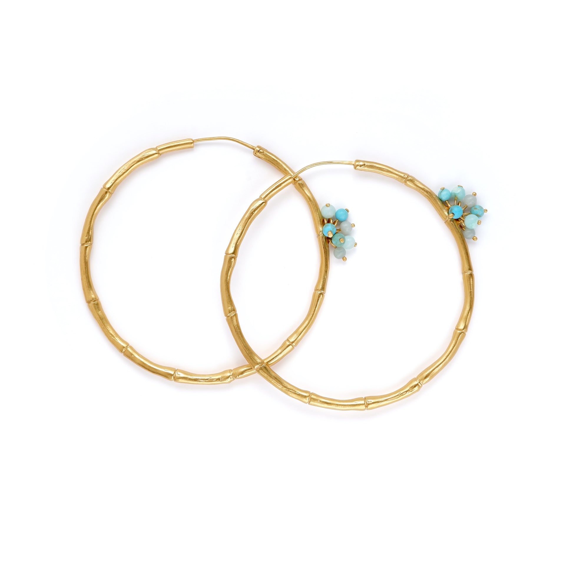 Gold Vermeil Bamboo Hoops large size, blue, turquoise gemstone Bauble beads