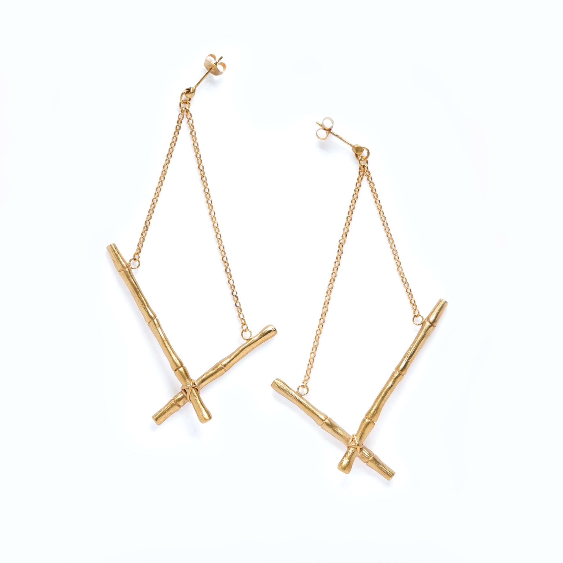 Gold vermeil bamboo cane cross bar drop earrings on fine chain