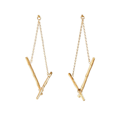 Gold vermeil bamboo cane cross bar drop earrings on fine chain