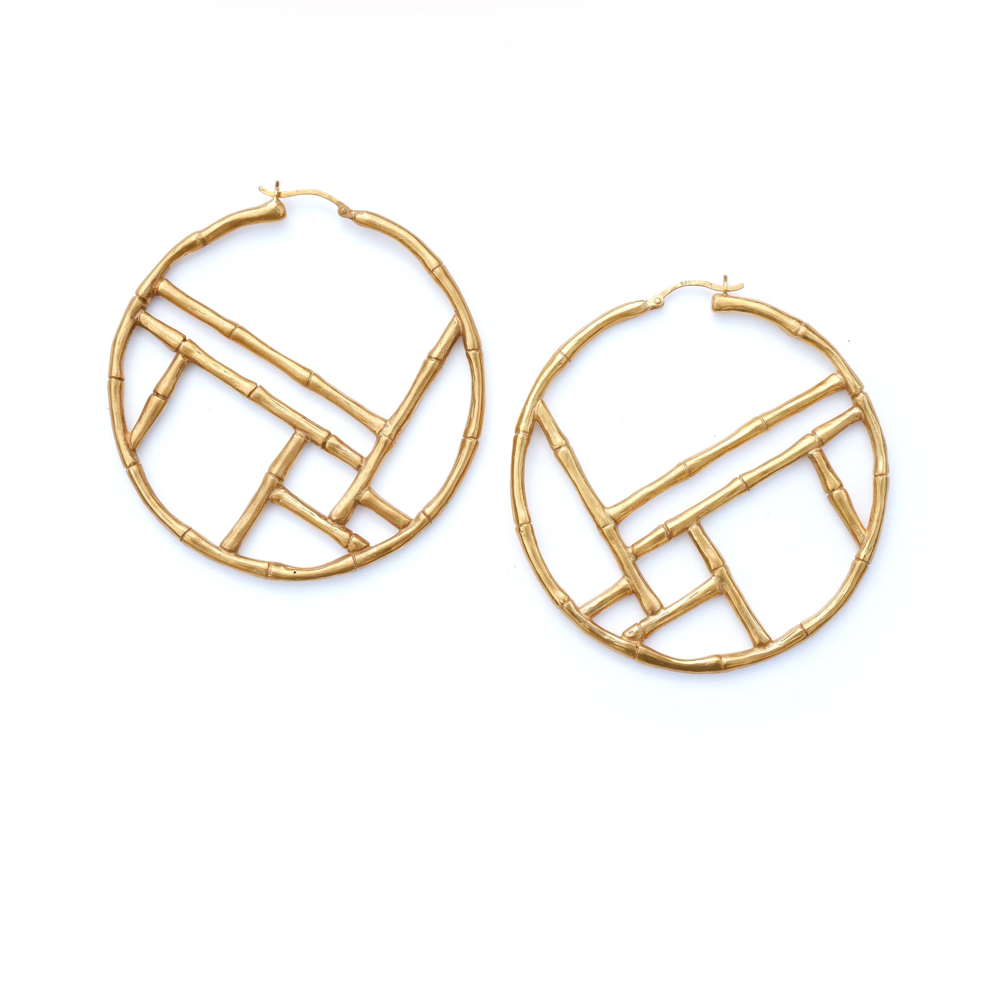 Gold Vermeil Large, Bamboo Hoops, cross bar design,  statement earrings
