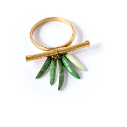 Gold Vermeil bamboo bar cocktail ring, enamel leaves