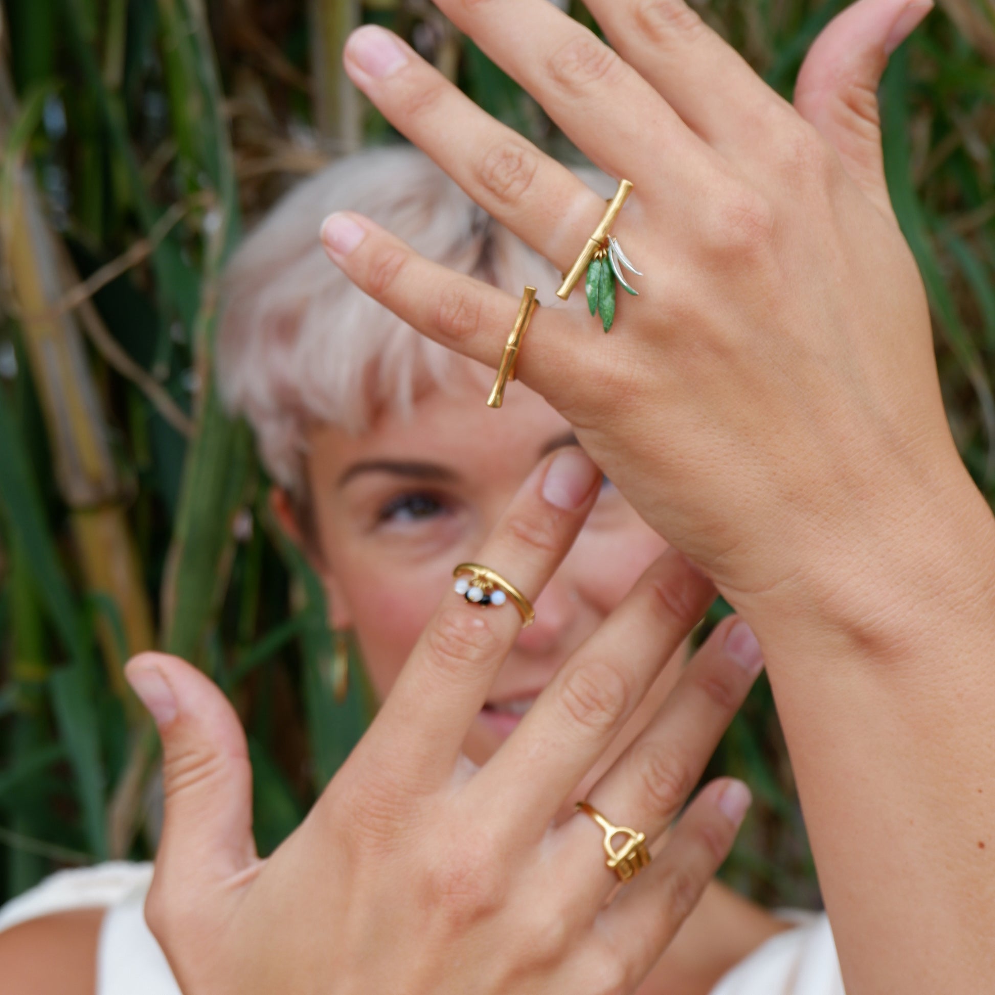 Gold Vermeil  Bamboo bar Rings green enamel leaves