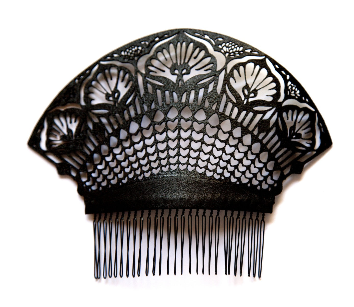 black laser-cut lace style leather hair comb