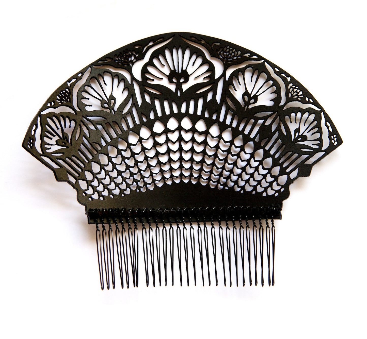 black laser-cut lace style leather hair comb front
